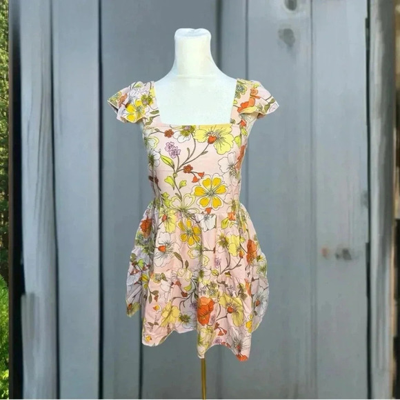 New Lottie & Holly B.O.G. COLLECTIVE Floral Dress Blush Pink Rust Ruffle Mini - Picture 2 of 10